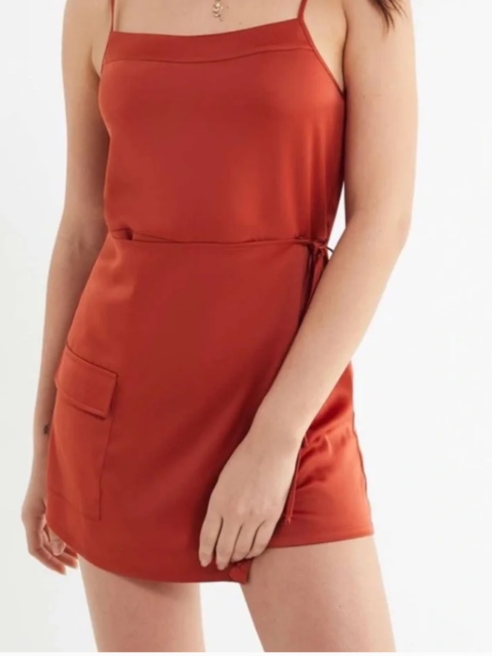 Urban Outfitters XS Orange Satin Sleeveless Wrap Style Romper with Cargo Pocket